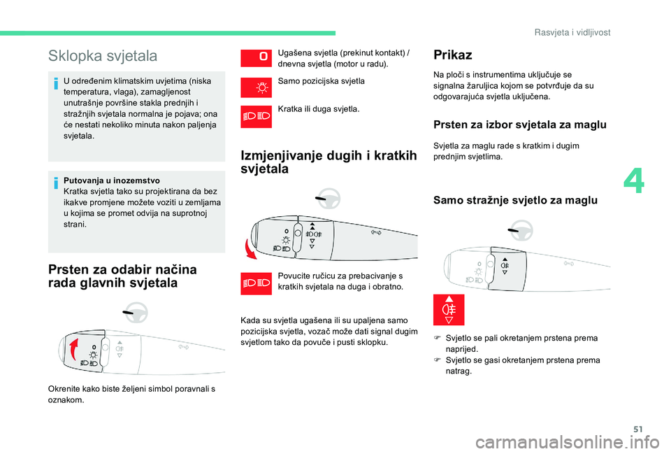 CITROEN C-ELYSÉE 2018 Upute Za Rukovanje (in Croatian) 51
Sklopka svjetala
U određenim klimatskim uvjetima (niska
temperatura, vlaga), zamagljenost
unutrašnje površine stakla prednjih i
stražnjih svjetala normalna je pojava; ona
će nestati nekoli CITROEN C-ELYSÉE 2018 Upute Za Rukovanje (in Croatian) 51
Sklopka svjetala
U određenim klimatskim uvjetima (niska
temperatura, vlaga), zamagljenost
unutrašnje površine stakla prednjih i
stražnjih svjetala normalna je pojava; ona
će nestati nekoli