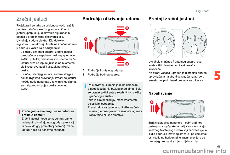 CITROEN C-ELYSÉE 2018 Upute Za Rukovanje (in Croatian) 65
Zračni jastuci
Projektirani su tako da pridonose većoj zaštiti
putnika u slučaju snažnog sudara. Zračni
jastuci upotpunjuju djelovanje sigurnosnih
pojasa s graničnicima djelovanja sila.
U CITROEN C-ELYSÉE 2018 Upute Za Rukovanje (in Croatian) 65
Zračni jastuci
Projektirani su tako da pridonose većoj zaštiti
putnika u slučaju snažnog sudara. Zračni
jastuci upotpunjuju djelovanje sigurnosnih
pojasa s graničnicima djelovanja sila.
U