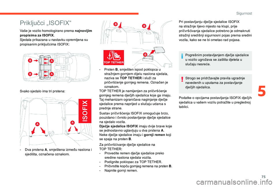 CITROEN C-ELYSÉE 2018 Upute Za Rukovanje (in Croatian) 75
Priključci „ISOFIX“
Vaše je vozilo homologirano prema najnovijim
propisima za ISOFIX.
Sjedala prikazana u nastavku opremljena su
propisanim priključcima ISOFIX:
-
P
rsten B, smješten i CITROEN C-ELYSÉE 2018 Upute Za Rukovanje (in Croatian) 75
Priključci „ISOFIX“
Vaše je vozilo homologirano prema najnovijim
propisima za ISOFIX.
Sjedala prikazana u nastavku opremljena su
propisanim priključcima ISOFIX:
-
P
rsten B, smješten i
