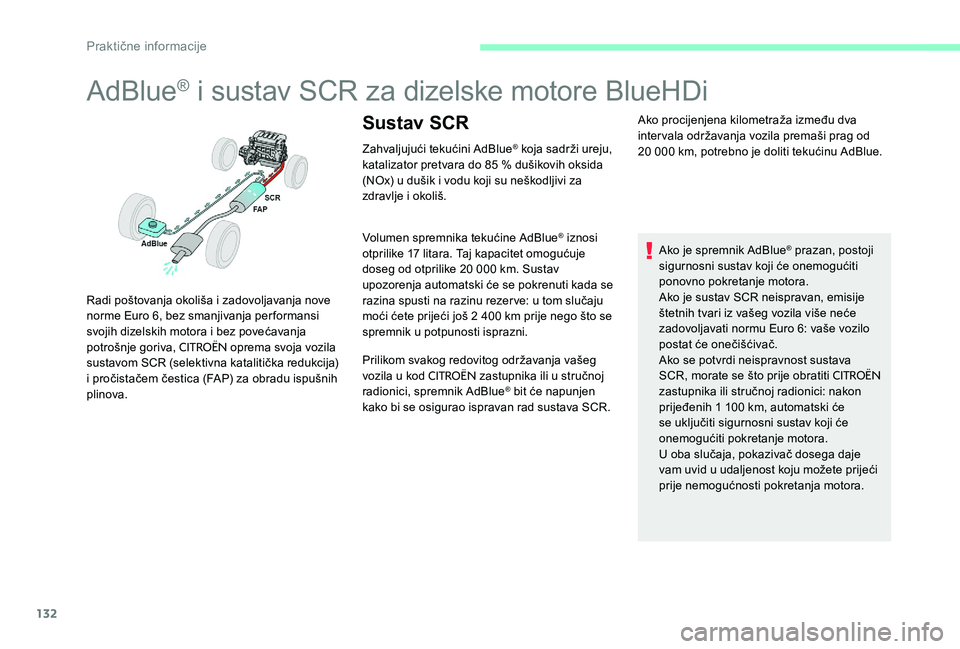 CITROEN C-ELYSÉE 2017 Upute Za Rukovanje (in Croatian) 132
AdBlue® i sustav SCR za dizelske motore BlueHDi
Zahvaljujući tekućini AdBlue® koja sadrži ureju,
katalizator pretvara do 85 % dušikovih oksida
(NOx) u dušik i vodu koji su neškodljivi za CITROEN C-ELYSÉE 2017 Upute Za Rukovanje (in Croatian) 132
AdBlue® i sustav SCR za dizelske motore BlueHDi
Zahvaljujući tekućini AdBlue® koja sadrži ureju,
katalizator pretvara do 85 % dušikovih oksida
(NOx) u dušik i vodu koji su neškodljivi za
