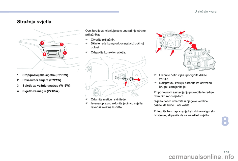 CITROEN C-ELYSÉE 2017  Upute Za Rukovanje (in Croatian) 165
Stražnja svjetla
1Stop/pozicijska svjetla (P21/5W)
2 Pokazivači smjera (PY21W)
3 Svjetla za vožnju unatrag (W16W)
4 Svjetlo za maglu (P21/5W) Ove žarulje zamjenjuju se s unutrašnje strane 
pr