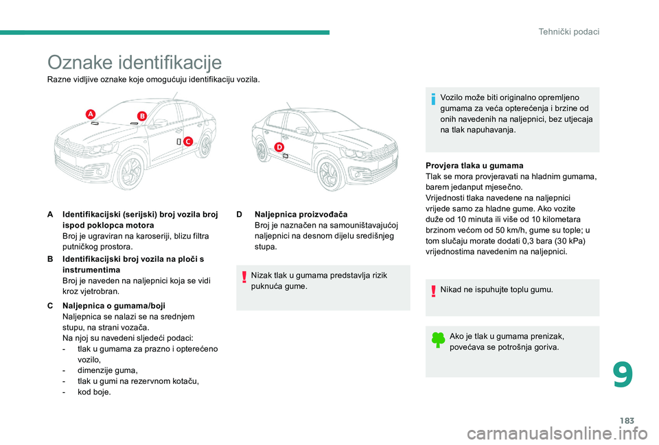 CITROEN C-ELYSÉE 2017  Upute Za Rukovanje (in Croatian) 183
Oznake identifikacije
Vozilo može biti originalno opremljeno 
gumama za veća opterećenja i brzine od 
onih navedenih na naljepnici, bez utjecaja 
na tlak napuhavanja.
Razne vidljive oznake koje