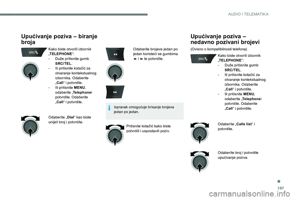 CITROEN C-ELYSÉE 2017  Upute Za Rukovanje (in Croatian) 197
Upućivanje poziva – biranje 
broja
Kako biste otvorili izbornik 
„TELEPHONE “:
-
 
D
 uže pritisnite gumb 
SRC/TEL .
-
 
I
 li pritisnite kotačić za 
otvaranje kontekstualnog 
izbornika.