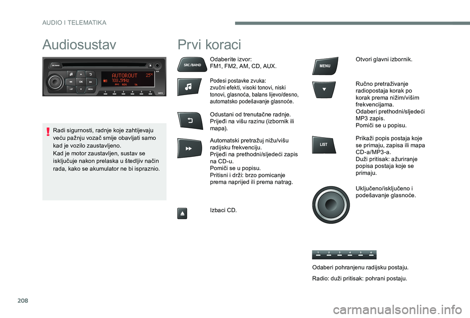 CITROEN C-ELYSÉE 2017  Upute Za Rukovanje (in Croatian) 208
AudiosustavPrvi koraci
Odaberite izvor:
FM1, FM2, AM, CD, AUX.
Podesi postavke zvuka:
zvučni efekti, visoki tonovi, niski 
tonovi, glasnoća, balans lijevo/desno, 
automatsko podešavanje glasno