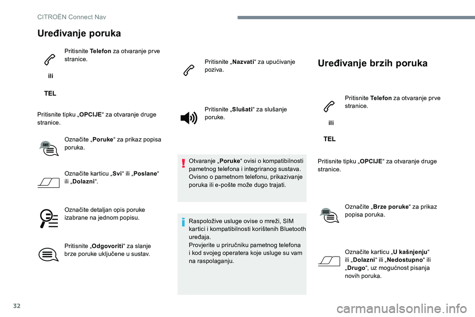 CITROEN C-ELYSÉE 2017  Upute Za Rukovanje (in Croatian) 32
Uređivanje poruka
 ili Pritisnite Telefon
 za otvaranje prve 
stranice.
Pritisnite tipku „ OPCIJE“ za otvaranje druge 
stranice.
Označite „ Poruke“ za prikaz popisa 
poruka.
Označite kar