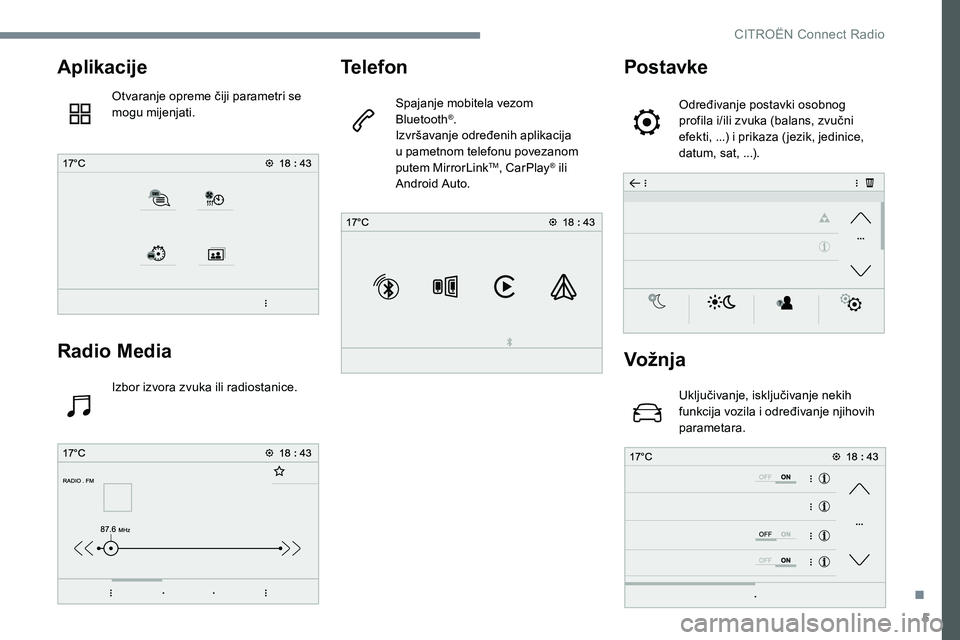 CITROEN C-ELYSÉE 2017  Upute Za Rukovanje (in Croatian) 5
Aplikacije
Otvaranje opreme čiji parametri se 
mogu mijenjati.
Radio Media
Izbor izvora zvuka ili radiostanice.
Telefon
Spajanje mobitela vezom 
Bluetooth®.
Izvršavanje određenih aplikacija 
u p