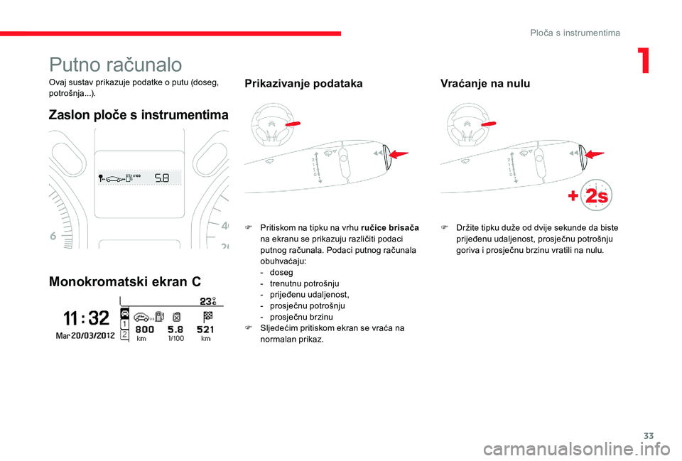 CITROEN C-ELYSÉE 2017  Upute Za Rukovanje (in Croatian) 33
Putno računalo
Ovaj sustav prikazuje podatke o putu (doseg, 
potrošnja...).
Zaslon ploče s instrumentima
Monokromatski ekran C
Prikazivanje podataka
F Pritiskom na tipku na vrhu ručice brisača