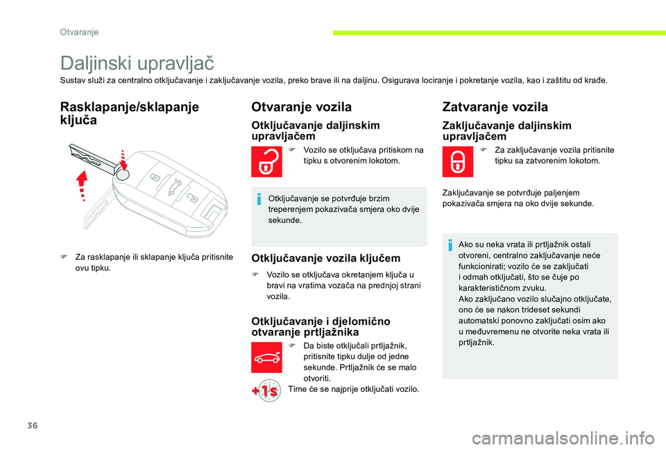 CITROEN C-ELYSÉE 2017 Upute Za Rukovanje (in Croatian) 36
Daljinski upravljač
Sustav služi za centralno otključavanje i zaključavanje vozila, preko brave ili na daljinu. Osigurava lociranje i pokretanje vozila, kao i zaštitu od krađe.
Rasklapanje/sk CITROEN C-ELYSÉE 2017 Upute Za Rukovanje (in Croatian) 36
Daljinski upravljač
Sustav služi za centralno otključavanje i zaključavanje vozila, preko brave ili na daljinu. Osigurava lociranje i pokretanje vozila, kao i zaštitu od krađe.
Rasklapanje/sk