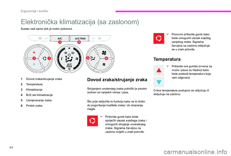 CITROEN C-ELYSÉE 2017  Upute Za Rukovanje (in Croatian) 54
Elektronička klimatizacija (sa zaslonom)
Sustav radi samo dok je motor pokrenut.
1Dovod zraka/strujanje zraka
2 Temperatura
3 Klimatizacija
4 Brži rad klimatizacije
5 Usmjeravanje zraka
6 Protok 