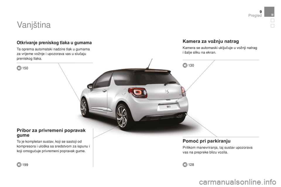 CITROEN DS3 2017  Upute Za Rukovanje (in Croatian) 9
DS3_hr_Chap00b_vue-ensemble_ed02-2015
Otkrivanje preniskog tlaka u gumama
Ta oprema automatski nadzire tlak u gumama 
za vrijeme vožnje i upozorava vas u slučaju 
preniskog tlaka.150
19 9
Pribor z