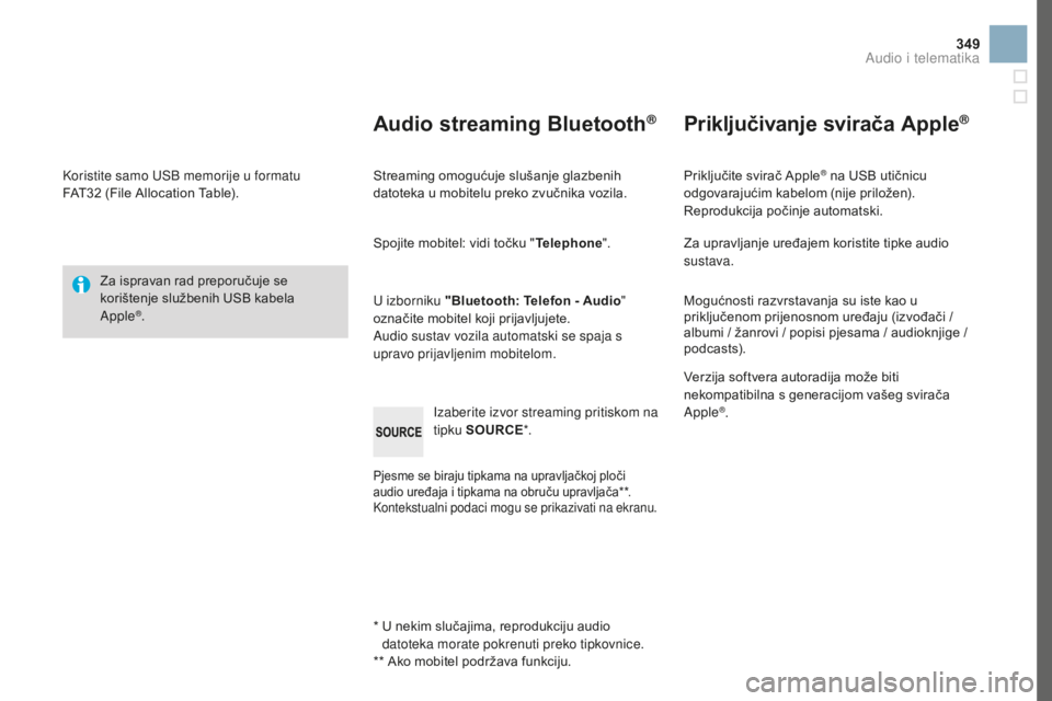 CITROEN DS3 2017 Upute Za Rukovanje (in Croatian) 349
DS3_hr_Chap11d_RD45_ed02-2015
Koristite samo USB memorije u formatu
FAT32 (File Allocation Table).
Za ispravan rad preporučuje se
korištenje službenih USB kabela
Apple
®.
*
U n
ekim sl CITROEN DS3 2017 Upute Za Rukovanje (in Croatian) 349
DS3_hr_Chap11d_RD45_ed02-2015
Koristite samo USB memorije u formatu
FAT32 (File Allocation Table).
Za ispravan rad preporučuje se
korištenje službenih USB kabela
Apple
®.
*
U n
ekim sl