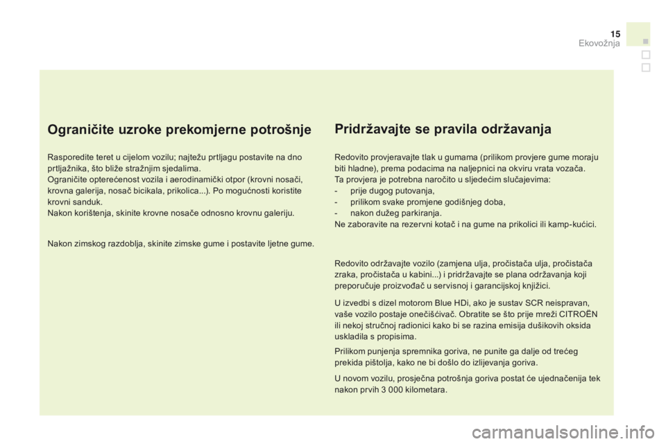 CITROEN DS3 2015  Upute Za Rukovanje (in Croatian) 15
ds3_hr_Chap00c_eco-conduite_ed01-2014
Ograničite uzroke prekomjerne potrošnje
rasporedite teret u cijelom vozilu; najtežu prtljagu postavite na dno 
prtljažnika, što bliže stražnjim sjedalim