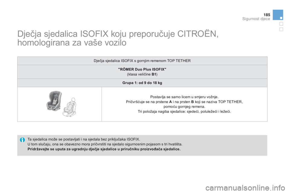 CITROEN DS3 2015  Upute Za Rukovanje (in Croatian) 185
ds3_hr_Chap09_securite-enfants_ed01-2014
dječja sjedalica  isoFiX k oju preporučuje CiTr oËn, 
h omologirana za vaše vozilo
Ta sjedalica može se postavljati i na sjedala bez priključaka isoF