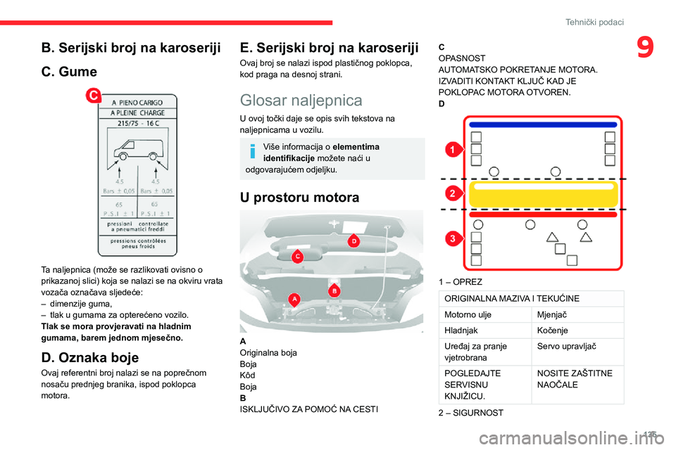 CITROEN JUMPER 2020 Upute Za Rukovanje (in Croatian) 135
Tehnički podaci
9B. Serijski broj na karoseriji
C. Gume
Ta naljepnica (može se razlikovati ovisno o prikazanoj slici) koja se nalazi se na okviru vrata vozača označava sljedeće:– dimenzi CITROEN JUMPER 2020 Upute Za Rukovanje (in Croatian) 135
Tehnički podaci
9B. Serijski broj na karoseriji
C. Gume
Ta naljepnica (može se razlikovati ovisno o prikazanoj slici) koja se nalazi se na okviru vrata vozača označava sljedeće:– dimenzi