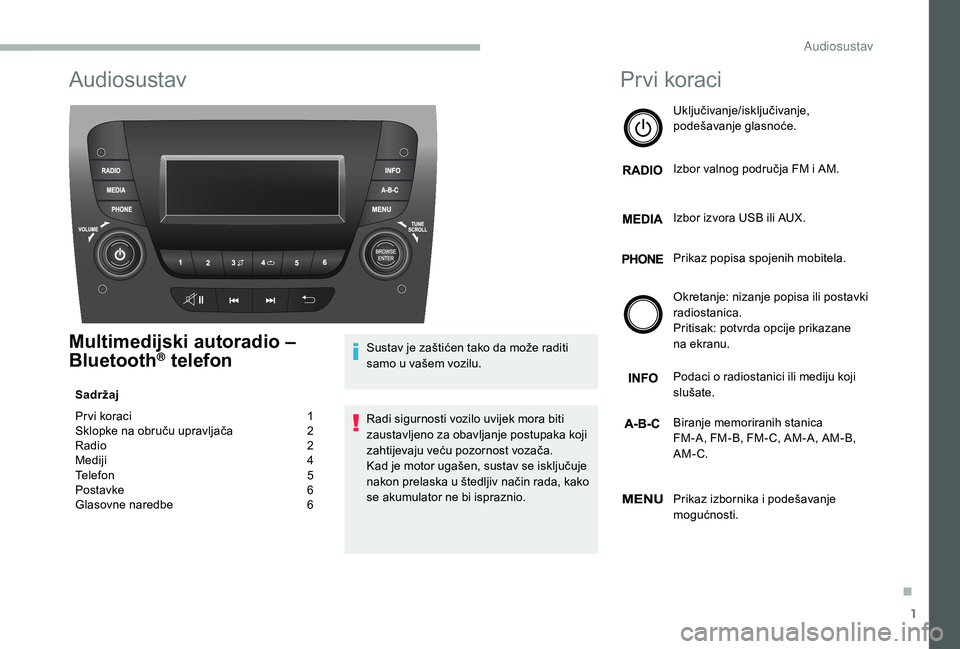 CITROEN JUMPER 2019  Upute Za Rukovanje (in Croatian) 1
Audiosustav
Multimedijski autoradio – 
Bluetooth® telefon
Sadržaj
Pr vi koraci  
1
S

klopke na obruču upravljača   
2
R

adio   
2
M

ediji   
4
T

elefon   
5
P

ostavke   
6
G

lasovne nare