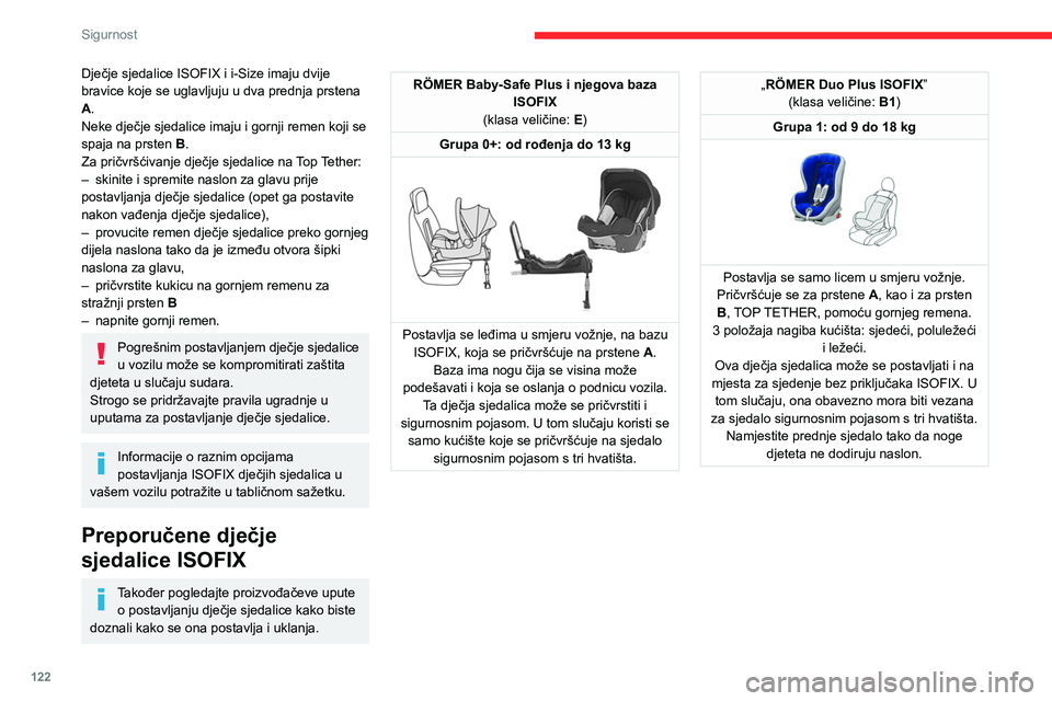 CITROEN JUMPER SPACETOURER 2021 Upute Za Rukovanje (in Croatian) 122
Sigurnost
Dječje sjedalice ISOFIX i i-Size imaju dvije
bravice koje se uglavljuju u dva prednja prstena
A.
Neke dječje sjedalice imaju i gornji remen koji se
spaja na prsten B.
Za pričvršć CITROEN JUMPER SPACETOURER 2021 Upute Za Rukovanje (in Croatian) 122
Sigurnost
Dječje sjedalice ISOFIX i i-Size imaju dvije
bravice koje se uglavljuju u dva prednja prstena
A.
Neke dječje sjedalice imaju i gornji remen koji se
spaja na prsten B.
Za pričvršć
