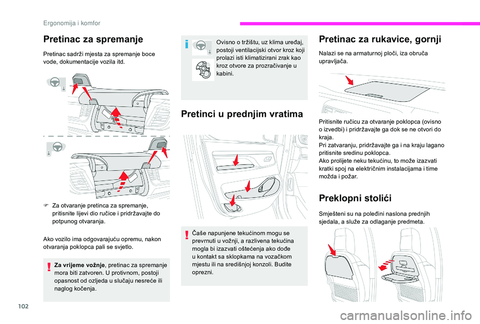 CITROEN JUMPER SPACETOURER 2018  Upute Za Rukovanje (in Croatian) 102
Pretinac za spremanje
Pretinac sadrži mjesta za spremanje boce 
vode, dokumentacije vozila itd.
F 
Z
 a otvaranje pretinca za spremanje, 
pritisnite lijevi dio ručice i pridržavajte do 
potpuno
