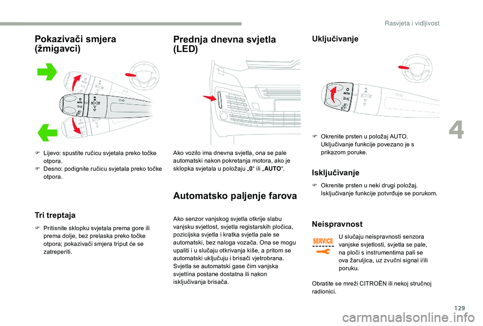 CITROEN JUMPER SPACETOURER 2018  Upute Za Rukovanje (in Croatian) 129
Tri treptaja
F Pritisnite sklopku svjetala prema gore ili prema dolje, bez prelaska preko točke 
otpora; pokazivači smjera triput će se 
zatreperiti.
Prednja dnevna svjetla 
(LED)
Ako vozilo im