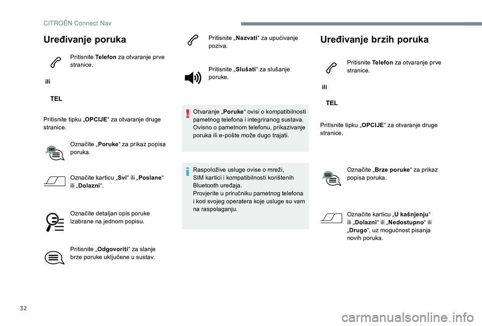 CITROEN JUMPER SPACETOURER 2018  Upute Za Rukovanje (in Croatian) 32
Uređivanje poruka
 ili Pritisnite 
Telefon za otvaranje pr ve 
stranice.
Pritisnite tipku „ OPCIJE“ za otvaranje druge 
stranice.
Označite „ Poruke“ za prikaz popisa 
poruka.
Označite ka