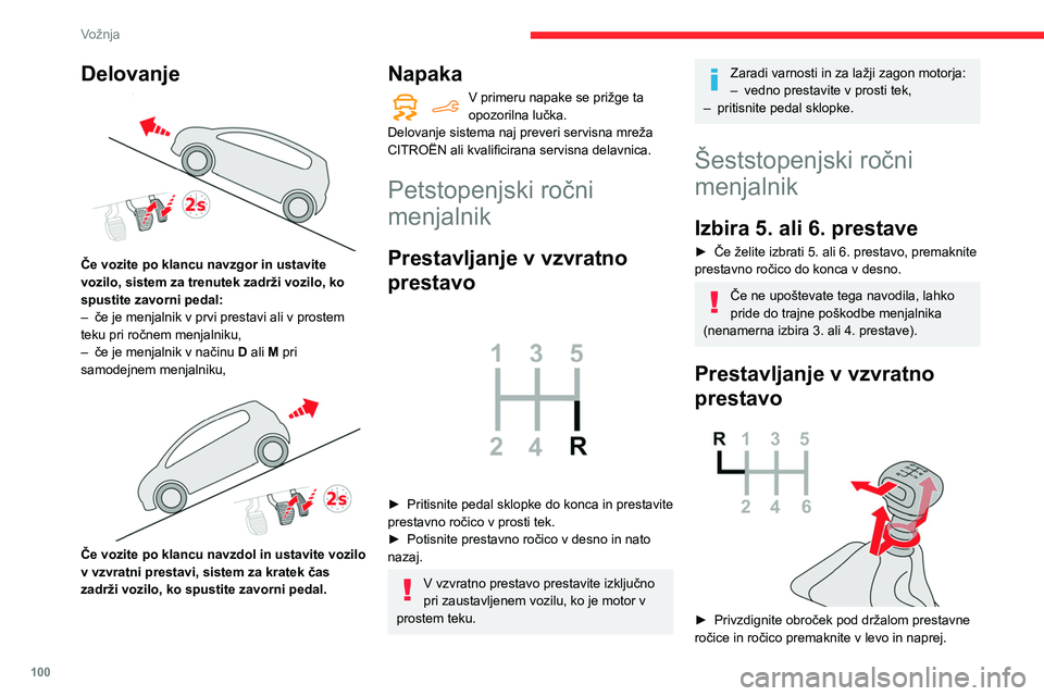 CITROEN BERLINGO VAN 2021 Navodila Za Uporabo (in Slovenian) 100
Vožnja
Delovanje
Če vozite po klancu navzgor in ustavite
vozilo, sistem za trenutek zadrži vozilo, ko
spustite zavorni pedal:
–
če je menjalnik v prvi prestavi ali v prostem
teku pri CITROEN BERLINGO VAN 2021 Navodila Za Uporabo (in Slovenian) 100
Vožnja
Delovanje
Če vozite po klancu navzgor in ustavite
vozilo, sistem za trenutek zadrži vozilo, ko
spustite zavorni pedal:
–
če je menjalnik v prvi prestavi ali v prostem
teku pri
