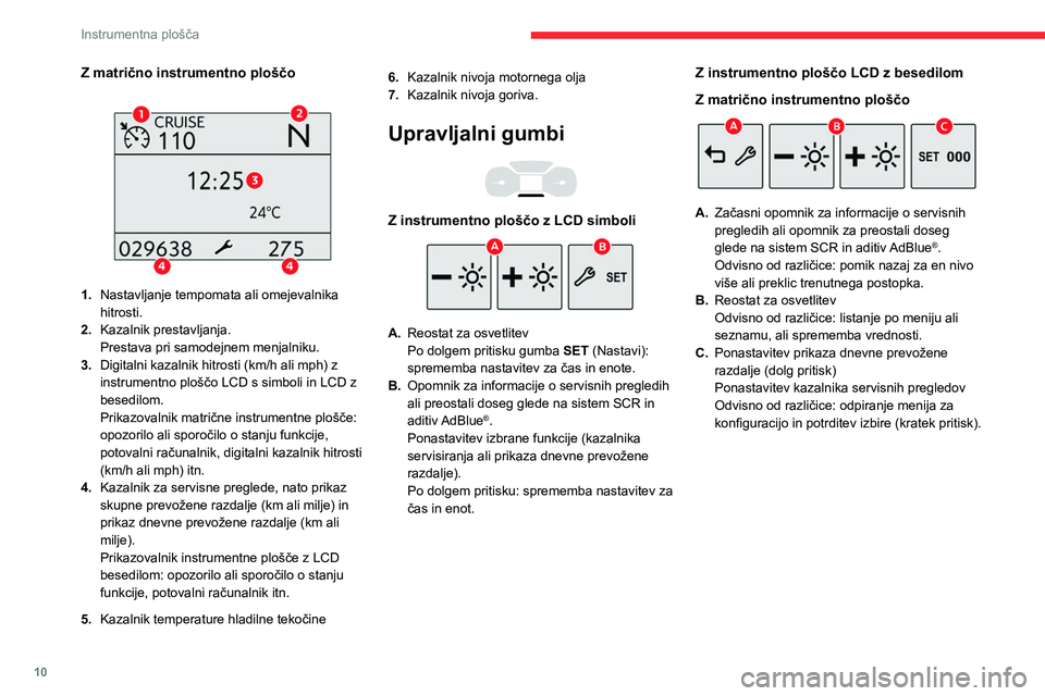 CITROEN BERLINGO VAN 2021 Navodila Za Uporabo (in Slovenian) 10
Instrumentna plošča
Števec vrtljajev
Števec vrtljajev (x 1000 vrt/min).
Kontrolne in opozorilne
lučke
Opozorilne in kontrolne lučke, prikazane kot
simboli, opozarjajo voznika na okva CITROEN BERLINGO VAN 2021 Navodila Za Uporabo (in Slovenian) 10
Instrumentna plošča
Števec vrtljajev
Števec vrtljajev (x 1000 vrt/min).
Kontrolne in opozorilne
lučke
Opozorilne in kontrolne lučke, prikazane kot
simboli, opozarjajo voznika na okva