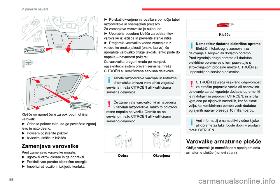 CITROEN BERLINGO VAN 2021 Navodila Za Uporabo (in Slovenian) 168
V primeru okvare
Dostop do varovalk
► Odpnite pokrov in pri tem povlecite najprej
njegov zgornji levi del in nato še desnega.
Varovalke, ki so opisane v nadaljevanju, se
razlikujejo glede na CITROEN BERLINGO VAN 2021 Navodila Za Uporabo (in Slovenian) 168
V primeru okvare
Dostop do varovalk
► Odpnite pokrov in pri tem povlecite najprej
njegov zgornji levi del in nato še desnega.
Varovalke, ki so opisane v nadaljevanju, se
razlikujejo glede na