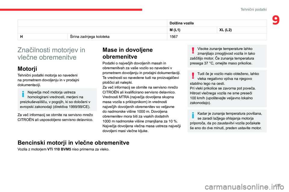 CITROEN BERLINGO VAN 2021 Navodila Za Uporabo (in Slovenian) 177
Tehnični podatki
9Dolžina vozila
M (L1)XL (L2)
H Širina zadnjega koloteka 1567
Značilnosti motorjev in
vlečne obremenitve
Motorji
Tehnični podatki motorja so navedeni
na prometnem dovoljen CITROEN BERLINGO VAN 2021 Navodila Za Uporabo (in Slovenian) 177
Tehnični podatki
9Dolžina vozila
M (L1)XL (L2)
H Širina zadnjega koloteka 1567
Značilnosti motorjev in
vlečne obremenitve
Motorji
Tehnični podatki motorja so navedeni
na prometnem dovoljen