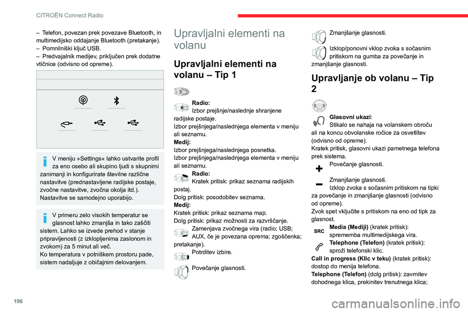 CITROEN BERLINGO VAN 2021  Navodila Za Uporabo (in Slovenian) 196
CITROËN Connect Radio
ko ni telefonskega pogovora, dostop do menija 
telefona.
Radio (vrtenje): samodejno iskanje 
predhodne/naslednje postaje.
Medij (vrtenje): naslednja/predhodna skladba, 
pomi