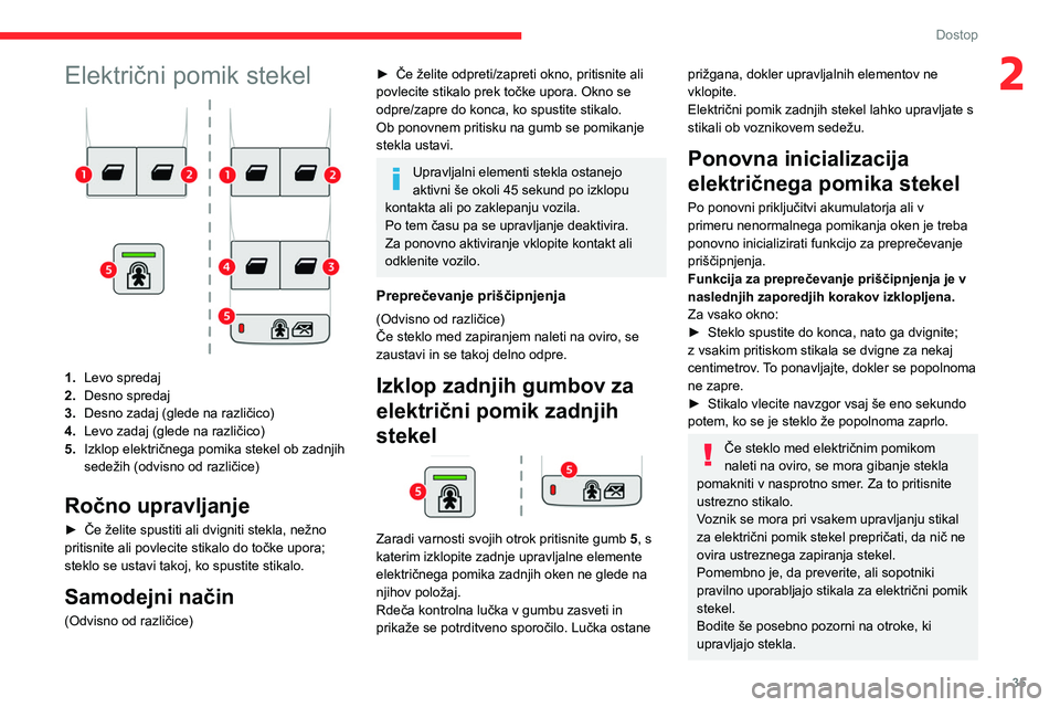 CITROEN BERLINGO VAN 2021  Navodila Za Uporabo (in Slovenian) 35
Dostop
2Električni pomik stekel
1.Levo spredaj
2. Desno spredaj
3. Desno zadaj (glede na različico)
4. Levo zadaj (glede na različico)
5. Izklop električnega pomika stekel ob zadnjih 
sedežih 