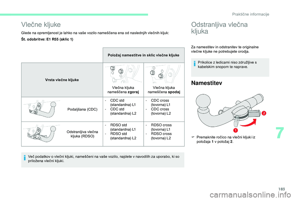 CITROEN BERLINGO VAN 2019  Navodila Za Uporabo (in Slovenian) 183
Vlečne	kljuke
Glede	na	opremljenost	je	lahko	na	vaše	vozilo	nameščena	ena	od	naslednjih	vlečnih	kljuk:
V eč 	 podatkov 	 o 	 vlečni 	 kljuki, 	 nameščeni 	 na 	 vaše 	 vozilo, 	 najdete 