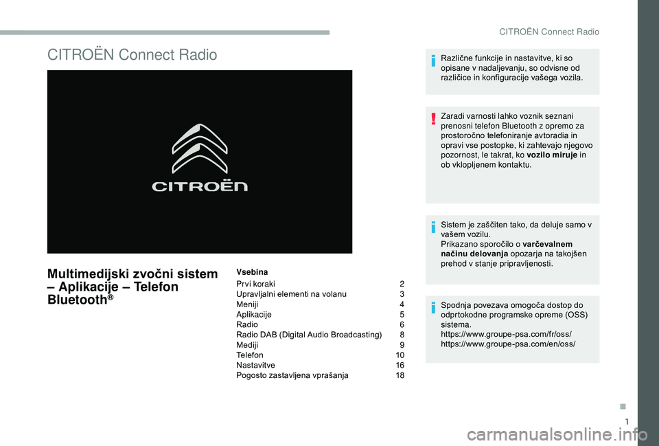 CITROEN BERLINGO VAN 2019  Navodila Za Uporabo (in Slovenian) 1
CITROËN Connect Radio
Multimedijski zvočni sistem 
– Aplikacije – Telefon 
Bluetooth
®
Vsebina
Pr vi koraki 
2
U

pravljalni 	 elementi 	 na 	 volanu	3
Meniji	 4
Aplikacije
 

5
Radio	 6
Radi