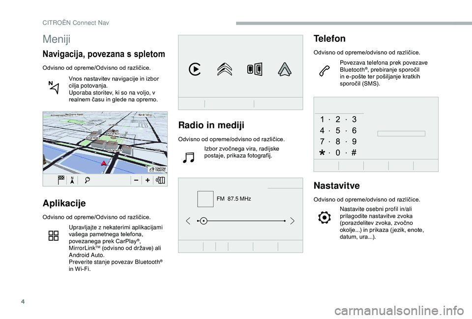 CITROEN BERLINGO VAN 2019  Navodila Za Uporabo (in Slovenian) 4
FM  87.5 MHz
Radio in mediji
Odvisno	od	opreme/odvisno	o d	r azličice.
Izbor 	 zvočnega 	 vira, 	 radijske 	
p

ostaje, 	 prikaza 	 fotografij.
Telefon
Odvisno	od	opreme/odvisno	o d	r azličice.
P