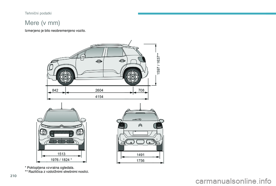 CITROEN C3 AIRCROSS 2019  Navodila Za Uporabo (in Slovenian) 210
Mere (v mm)
Izmerjeno je bilo neobremenjeno vozilo.
* Poklopljena vzvratna ogledala.
** Različica z vzdolžnimi strešnimi nosilci. 
Tehnični podatki  
