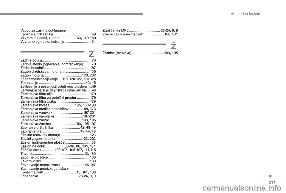 CITROEN C3 AIRCROSS 2019  Navodila Za Uporabo (in Slovenian) 217
Vzvod za zasilno odklepanje pokrova prtljažnika  ....................................... 49
Vzvratni ogledali, zunanji
  ................63, 14 9 -15 0
Vzvratno ogledalo, notranje
 

............