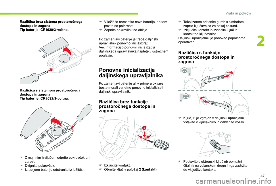 CITROEN C3 AIRCROSS 2019 Navodila Za Uporabo (in Slovenian) 47
Različica s sistemom prostoročnega
dostopa in zagona
Tip baterije: CR2032/3-voltna.F
V l
ežišče namestite novo baterijo, pri tem
pazite na polarnost.
F
Z
apnite pokrovček na ohišje.
CITROEN C3 AIRCROSS 2019 Navodila Za Uporabo (in Slovenian) 47
Različica s sistemom prostoročnega
dostopa in zagona
Tip baterije: CR2032/3-voltna.F
V l
ežišče namestite novo baterijo, pri tem
pazite na polarnost.
F
Z
apnite pokrovček na ohišje.