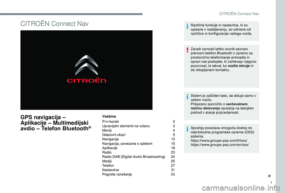 CITROEN C4 CACTUS 2019  Navodila Za Uporabo (in Slovenian) 1
CITROËN Connect Nav
GPS navigacija – 
Aplikacije  – Multimedijski 
avdio – Telefon Bluetooth
®
Vsebina
Pr vi koraki
 
2
U

pravljalni elementi na volanu  
3
M

eniji
 
 4
Glasovni ukazi
 5
N