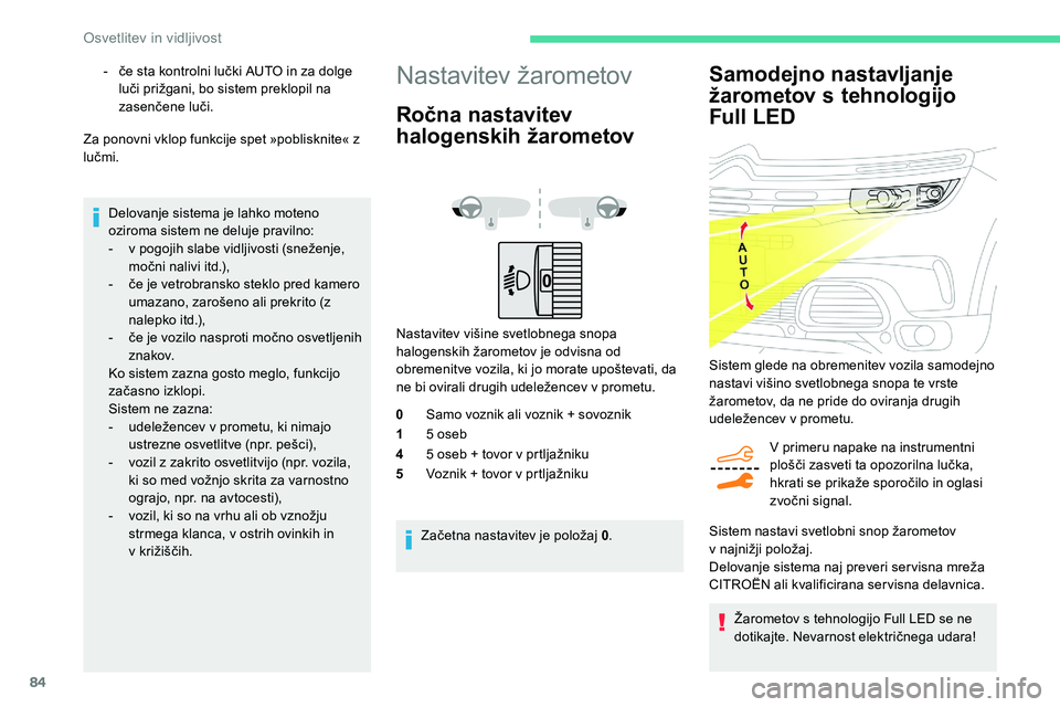 CITROEN C5 AIRCROSS 2020  Navodila Za Uporabo (in Slovenian) 84
Samodejno nastavljanje 
žarometov s
 t
ehnologijo 
Full LED
V primeru napake na instrumentni 
plošči
	 zasveti 	 ta 	 opozorilna 	 lučka, 	
h

krati 	 se 	 prikaže 	 sporočilo 	 in 	 oglasi 	