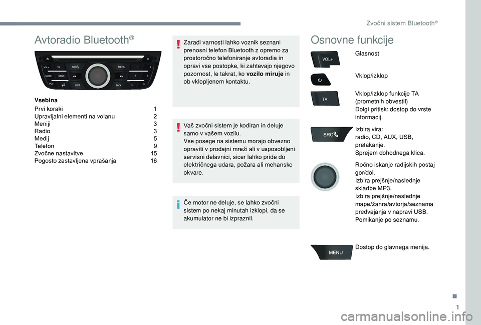 CITROEN C-ELYSÉE 2018 Navodila Za Uporabo (in Slovenian) 1
VOL+
TA
Avtoradio Bluetooth®
Vsebina
Pr vi koraki
1
U
pravljalni elementi na volanu
2
M
eniji
3
R
adio
3
M
edij
5
T
elefon
9
Z
vočne nastavitve
1
5
Pogosto zastavljena v CITROEN C-ELYSÉE 2018 Navodila Za Uporabo (in Slovenian) 1
VOL+
TA
Avtoradio Bluetooth®
Vsebina
Pr vi koraki
1
U
pravljalni elementi na volanu
2
M
eniji
3
R
adio
3
M
edij
5
T
elefon
9
Z
vočne nastavitve
1
5
Pogosto zastavljena v