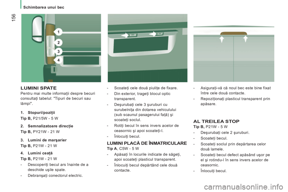 CITROEN JUMPER 2013  Ghiduri De Utilizare (in Romanian) 156
   
 
Schimbarea unui bec  
 
 
LUMINI SPATE
 
Pentru mai multe informaţii despre becuri 
consultaţi tabelul: "Tipuri de becuri sau 
lămpi".    
-  Scoateţi cele două piuliţe de fixare. 
   