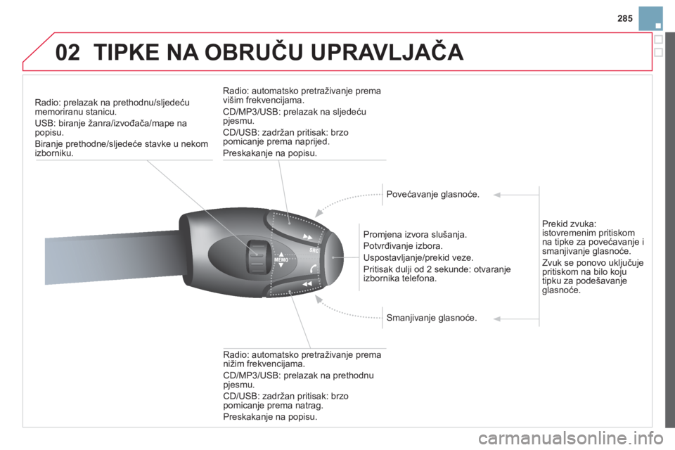 CITROEN DS3 CABRIO 2013  Upute Za Rukovanje (in Croatian) 285
02TIPKE NA OBRUČU UPRAVLJAČA 
Radio: prelazak na prethodnu/sljedeću
memoriranu stanicu.
USB: biran
je žanra/izvođača/mape na popisu.
Biranje prethodne
/sljedeće stavke u nekom izborniku.
  