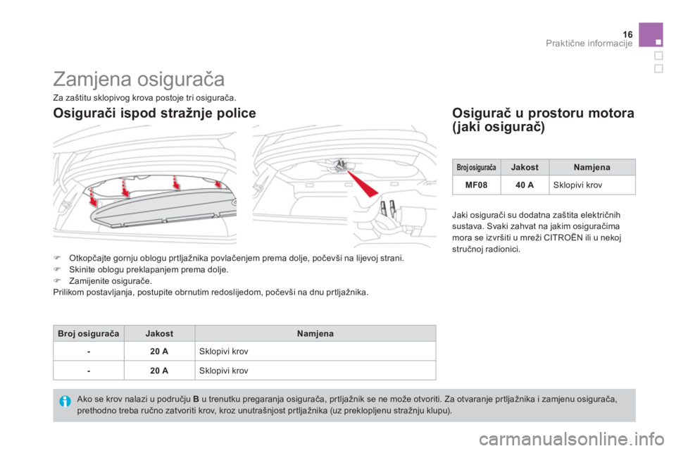 CITROEN DS3 CABRIO 2013  Upute Za Rukovanje (in Croatian) 16Praktične informacije
 
Zamjena osigurača 
�)Otkopčajte gornju oblogu pr tljažnika povlačenjem prema dolje, počevši na lijevoj strani.�)Skinite oblogu preklapanjem prema dolje. �)Zamijenite o