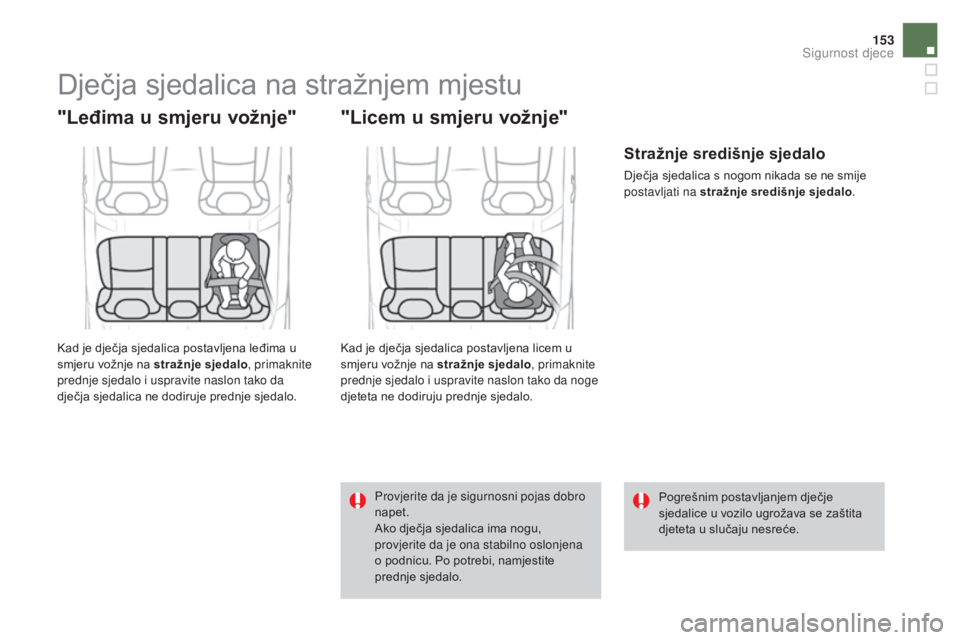 CITROEN DS4 2016  Upute Za Rukovanje (in Croatian) 153
DS4_hr_Chap06_securite enfants_ed03-2015
Dječja sjedalica na stražnjem mjestu
"Leđima u smjeru vožnje"
Kad je dječja sjedalica postavljena leđima u 
smjeru vožnje na stražnje sjeda