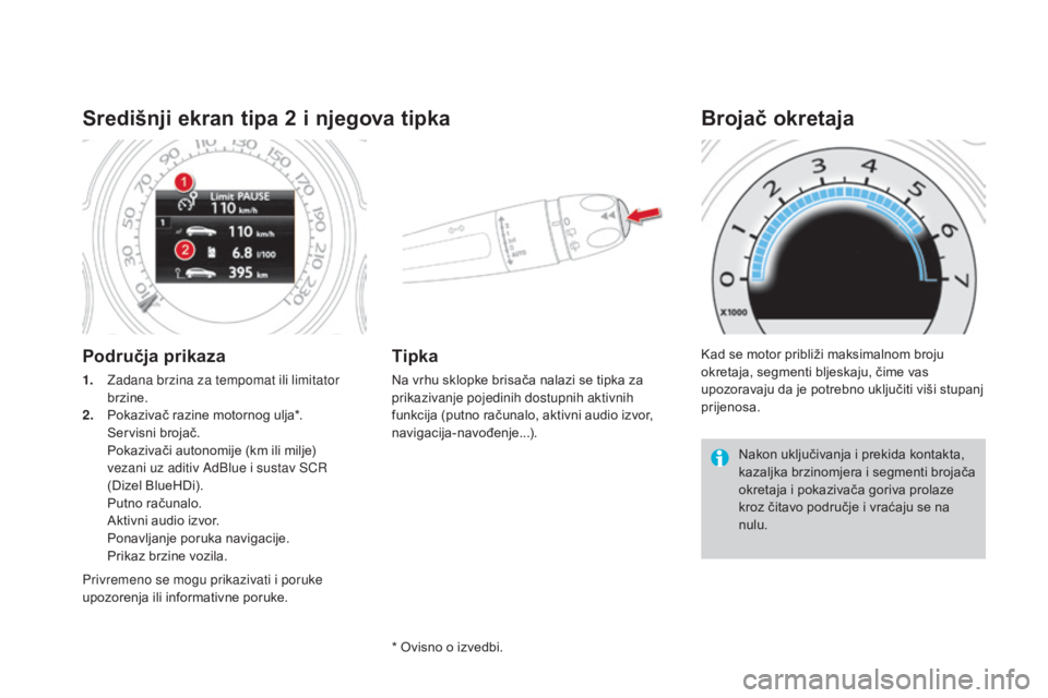 CITROEN DS4 2016  Upute Za Rukovanje (in Croatian) DS4_hr_Chap01_controle-de-marche_ed03-2015
Središnji ekran tipa 2 i njegova tipka
Područja prikaza
1. Zadana brzina za tempomat ili limitator 
brzine.
2.
 P

okazivač razine motornog ulja*.
 S

erv