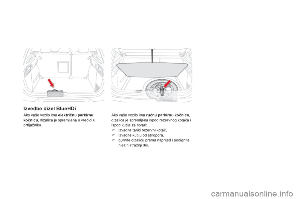 CITROEN DS4 2016  Upute Za Rukovanje (in Croatian) DS4_hr_Chap09_info-pratiques_ed03-2015
Izvedbe dizel BlueHDi
Ako vaše vozilo ima ručnu parkirnu kočnicu, 
dizalica je spremljena ispod rezervnog kotača i 
ispod kutije za stvari:
F
 
i
 zvadite ta
