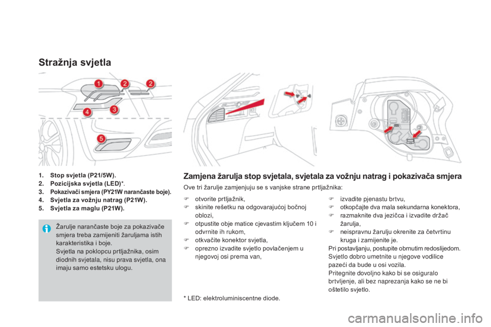 CITROEN DS4 2016 Upute Za Rukovanje (in Croatian) DS4_hr_Chap09_info-pratiques_ed03-2015
1. Stop svjetla (P21/5W).
2. Pozicijska svjetla (LED) *.
3.
Pokazivači smjera (PY21W narančaste boje).4. Svjetla za vožnju natrag (P21W).
5. S vjetla za magl CITROEN DS4 2016 Upute Za Rukovanje (in Croatian) DS4_hr_Chap09_info-pratiques_ed03-2015
1. Stop svjetla (P21/5W).
2. Pozicijska svjetla (LED) *.
3.
Pokazivači smjera (PY21W narančaste boje).4. Svjetla za vožnju natrag (P21W).
5. S vjetla za magl