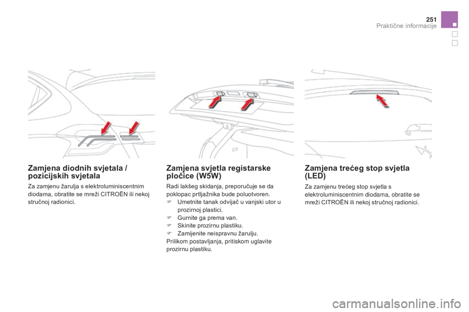 CITROEN DS4 2016  Upute Za Rukovanje (in Croatian) 251
DS4_hr_Chap09_info-pratiques_ed03-2015
Zamjena diodnih svjetala / 
pozicijskih svjetalaZamjena svjetla registarske 
pločice (W5W)Zamjena trećeg stop svjetla 
(LED)
Za zamjenu trećeg stop svjetl