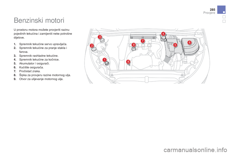 CITROEN DS4 2016  Upute Za Rukovanje (in Croatian) 285
DS4_hr_Chap10_verifications_ed03-2015
Benzinski motori
U prostoru motora možete provjeriti razinu 
pojedinih tekućina i zamijeniti neke potrošne 
dijelove.
1.
 S
premnik tekućine servo upravlj