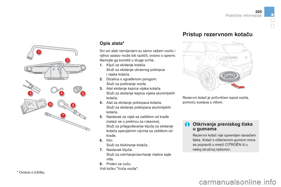 CITROEN DS5 2015  Upute Za Rukovanje (in Croatian) 205
DS5_hr_Chap08_info-pratiques_ed01-2015
Opis alata*
Pristup rezervnom kotaču
Rezervni kotač je pričvršćen ispod vozila, 
pomoću sustava s vitlom.
Otkrivanje preniskog tlaka  
u gumama
Rezervn