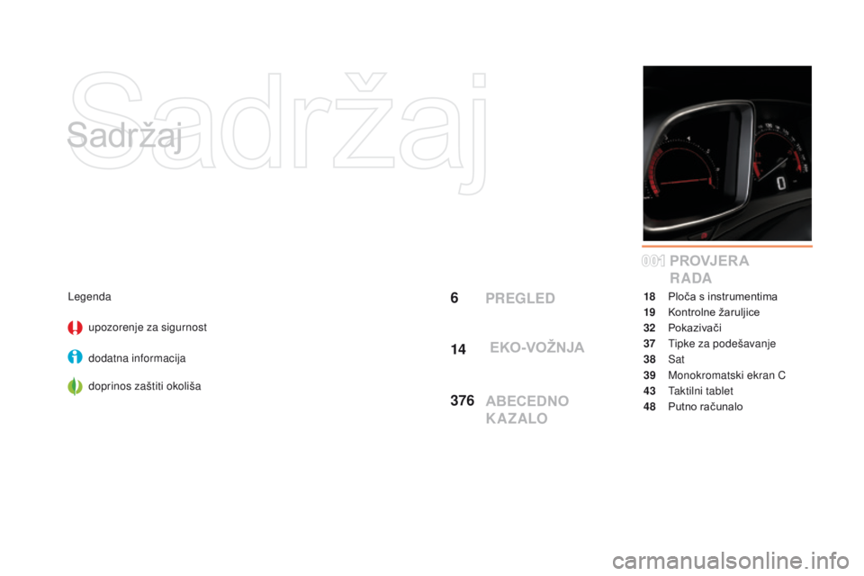 CITROEN DS5 2015  Upute Za Rukovanje (in Croatian) 001
DS5_hr_Chap00a_sommaire_ed01-2015
Sadržaj
6
14
376PROVJER A 
 
R ADALegenda
upozorenje za sigurnost
dodatna informacija
doprinos zaštiti okoliša 18 P
loča s instrumentima
19
 K

ontrolne žaru