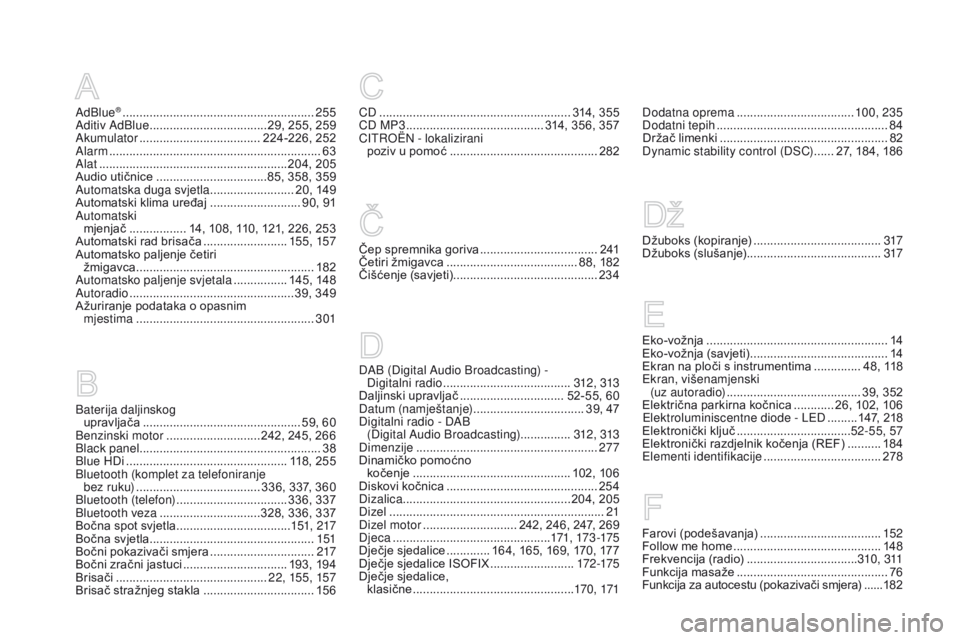 CITROEN DS5 2015  Upute Za Rukovanje (in Croatian) DS5_hr_Chap12_index-recherche_ed01-2015
AdBlue® .........................................................255
Aditiv AdBlue ...................................2 9, 255, 259
Akumulator
 ...............